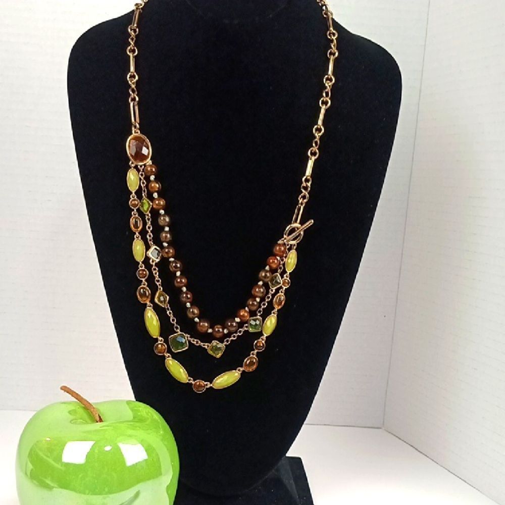 Women's Multi-Strand Necklace in Brown Gold And Green Glass  Resin Boho Chic